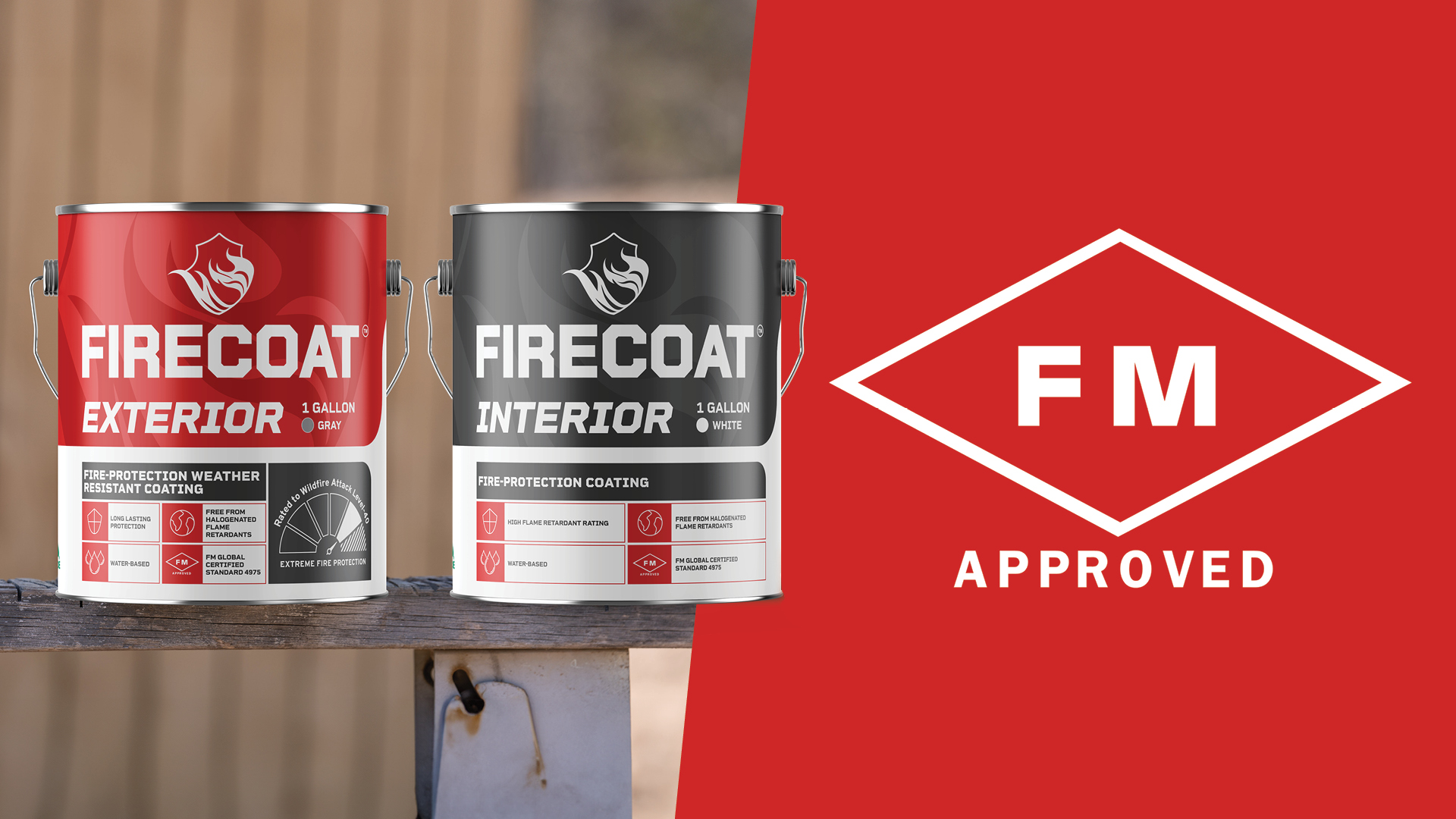 An image of a tin of FIRECOAT Exterior and of FIRECOAT Interior with the FM Global certification logo